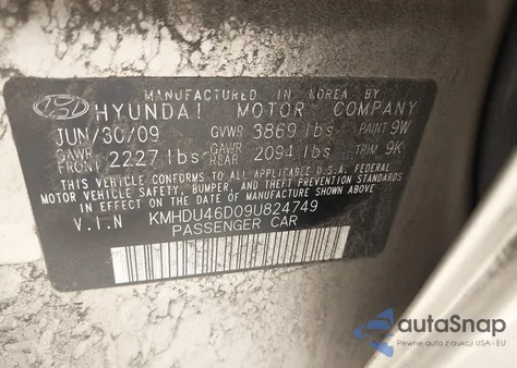 2009 Hyundai Elantra Gls из США, поврежденный, VIN KMHDU46D09U824749